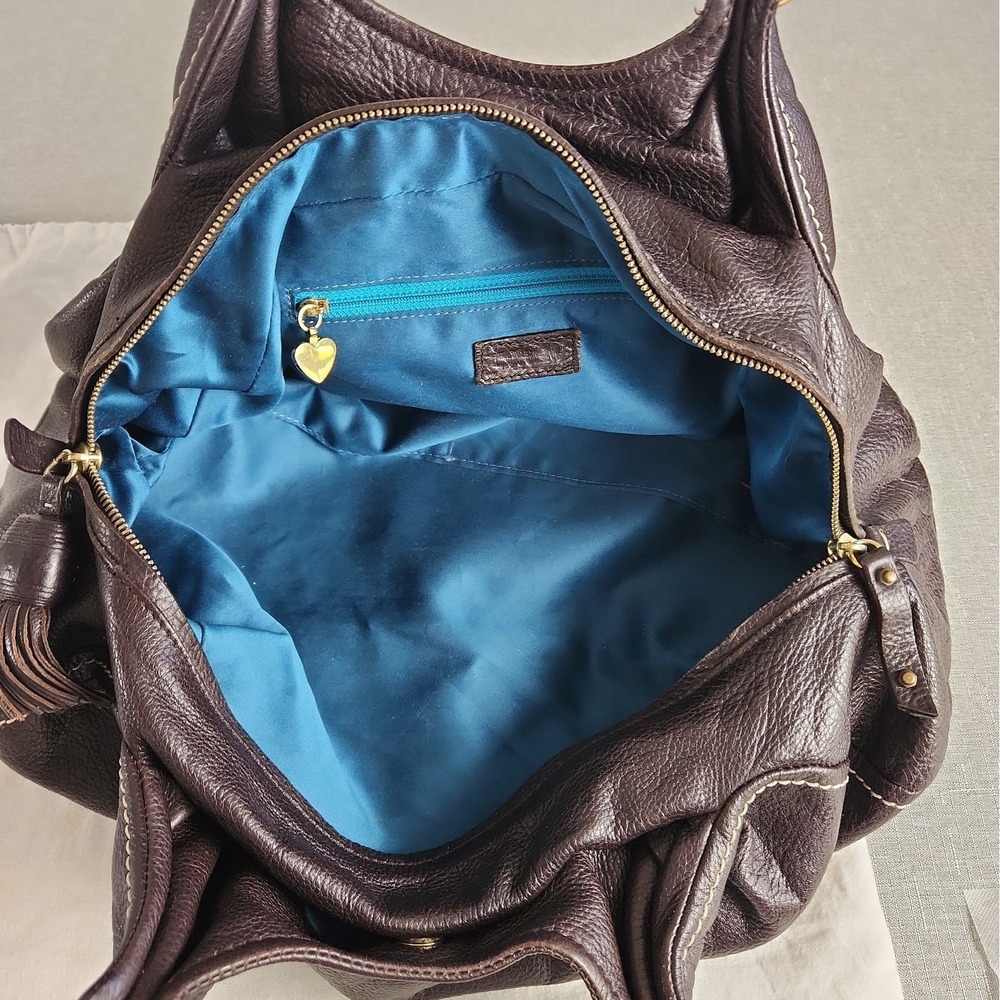 Vintage MOSCHINO Large Brown Pebbled Leather Dual Handle Bag Teal Lining 18" Y2K - Picture 11 of 12